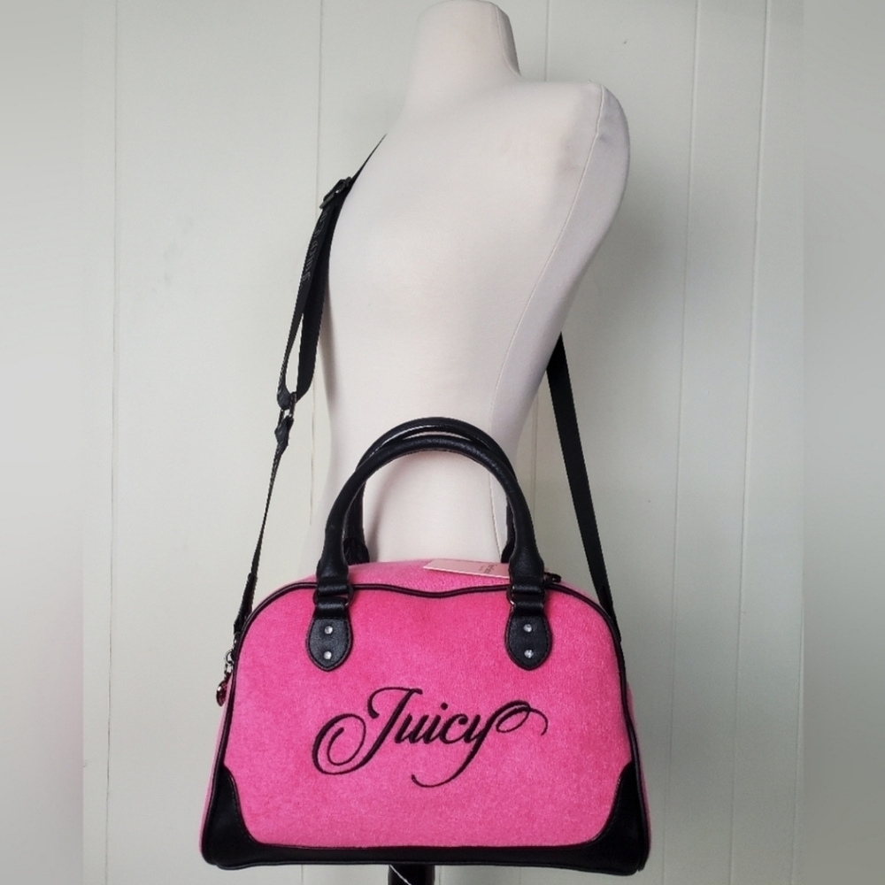 💕Juicy Couture▪️raising star pink Lemondade/ Liquorice terry cloth Bowler Bag - Picture 2 of 6